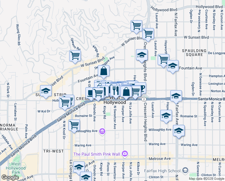 map of restaurants, bars, coffee shops, grocery stores, and more near 1210 North Flores Street in West Hollywood