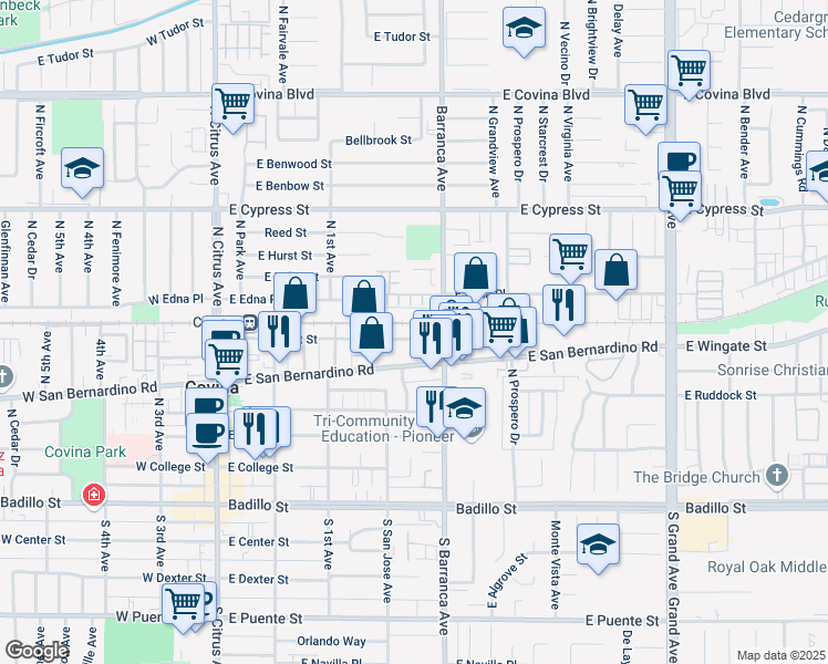 map of restaurants, bars, coffee shops, grocery stores, and more near 425 East Front Street in Covina