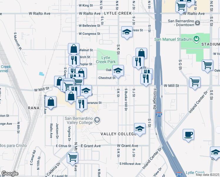 map of restaurants, bars, coffee shops, grocery stores, and more near 1153 West Mill Street in San Bernardino