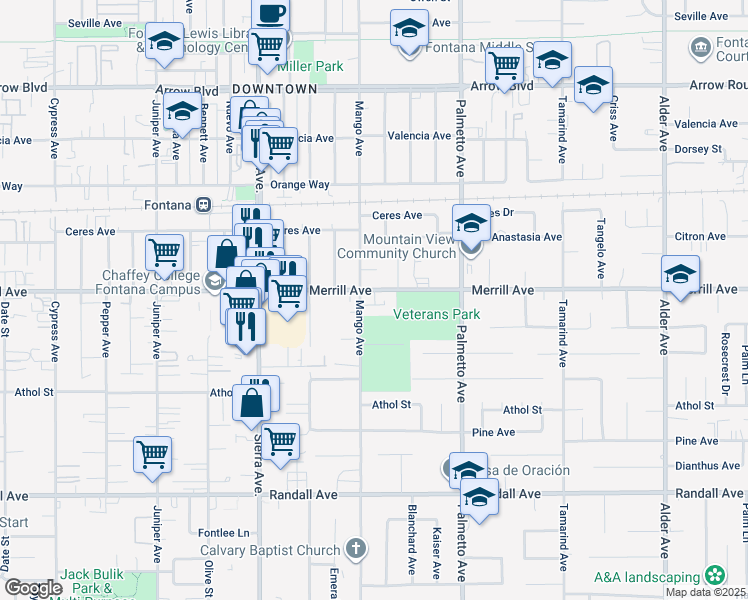 map of restaurants, bars, coffee shops, grocery stores, and more near 17149 Merrill Avenue in Fontana