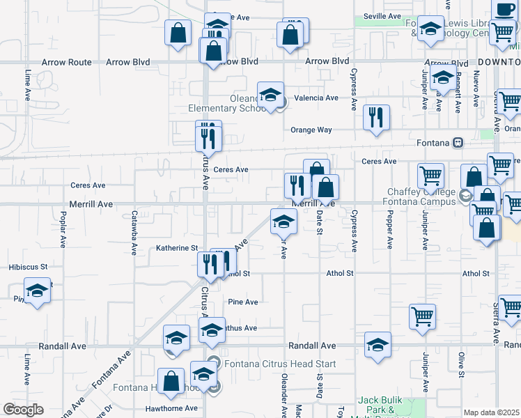 map of restaurants, bars, coffee shops, grocery stores, and more near 8916 Fontana Avenue in Fontana
