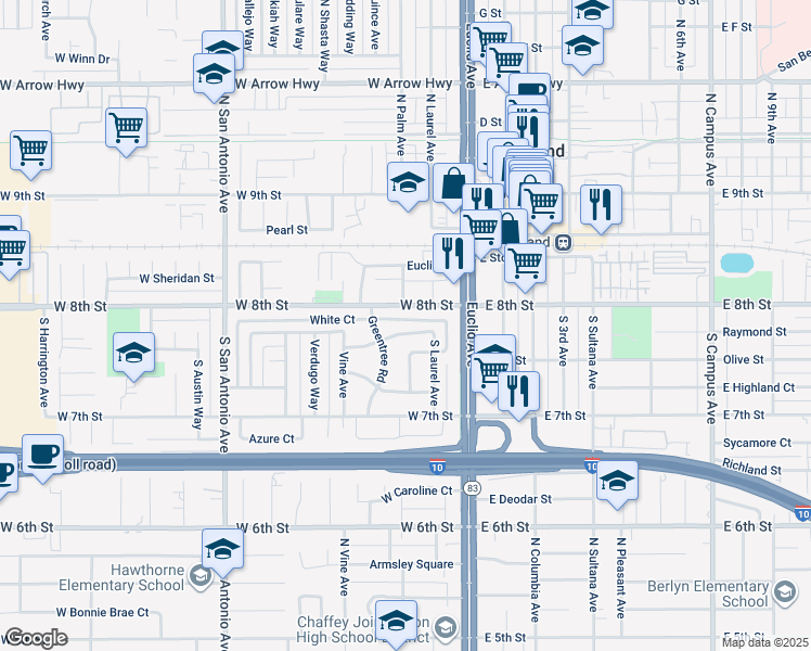 map of restaurants, bars, coffee shops, grocery stores, and more near 210 West 8th Street in Upland
