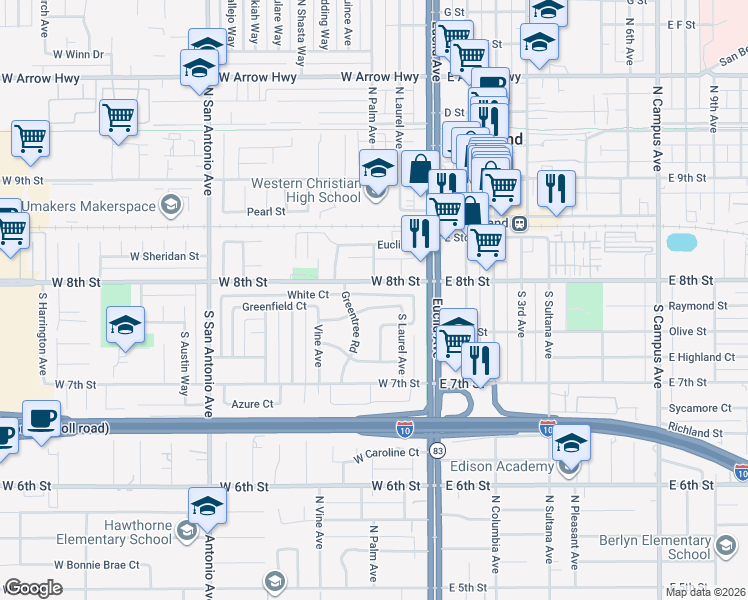 map of restaurants, bars, coffee shops, grocery stores, and more near 210 West 8th Street in Upland