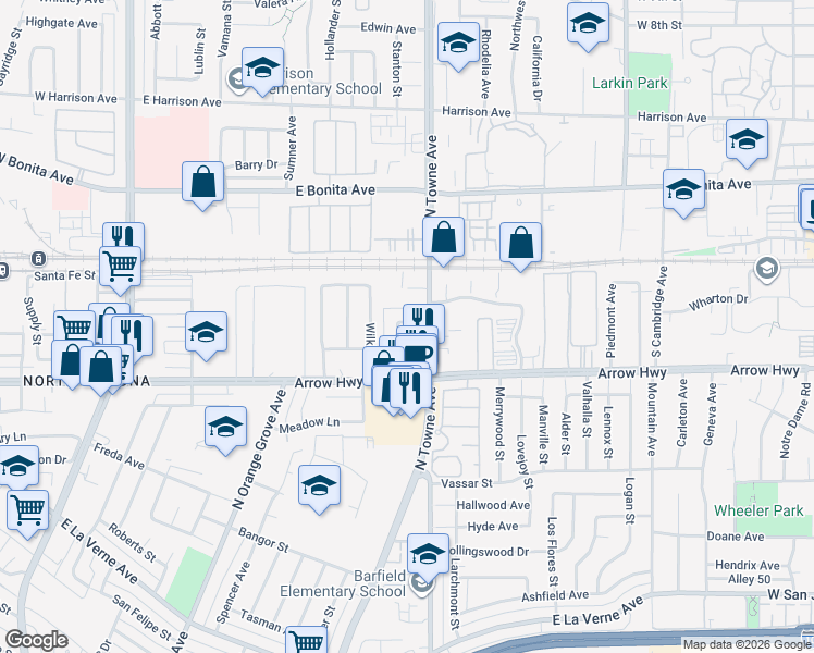 map of restaurants, bars, coffee shops, grocery stores, and more near 721 Ivory Lane in Pomona