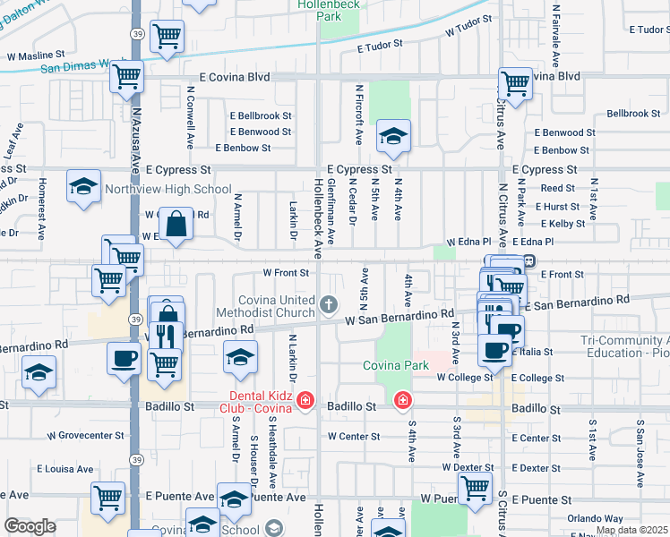 map of restaurants, bars, coffee shops, grocery stores, and more near 473 West Front Street in Covina