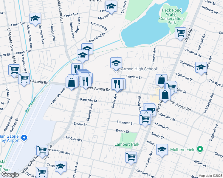 map of restaurants, bars, coffee shops, grocery stores, and more near 11245 Lower Azusa Road in El Monte
