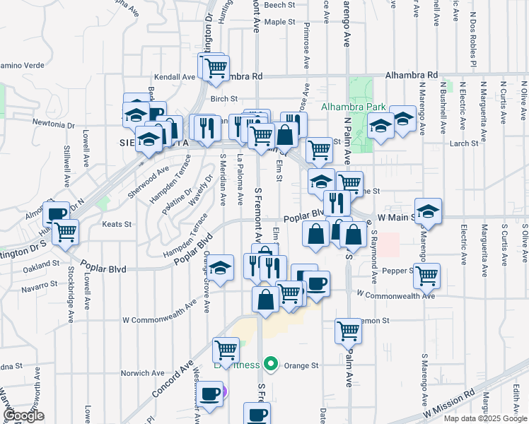 map of restaurants, bars, coffee shops, grocery stores, and more near 222 Fremont Avenue in Alhambra