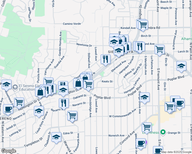 map of restaurants, bars, coffee shops, grocery stores, and more near 5440 1/2 Huntington Drive South in Los Angeles