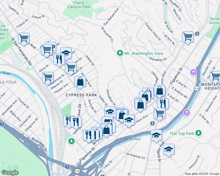 map of restaurants, bars, coffee shops, grocery stores, and more near 3551 Glenalbyn Drive in Los Angeles