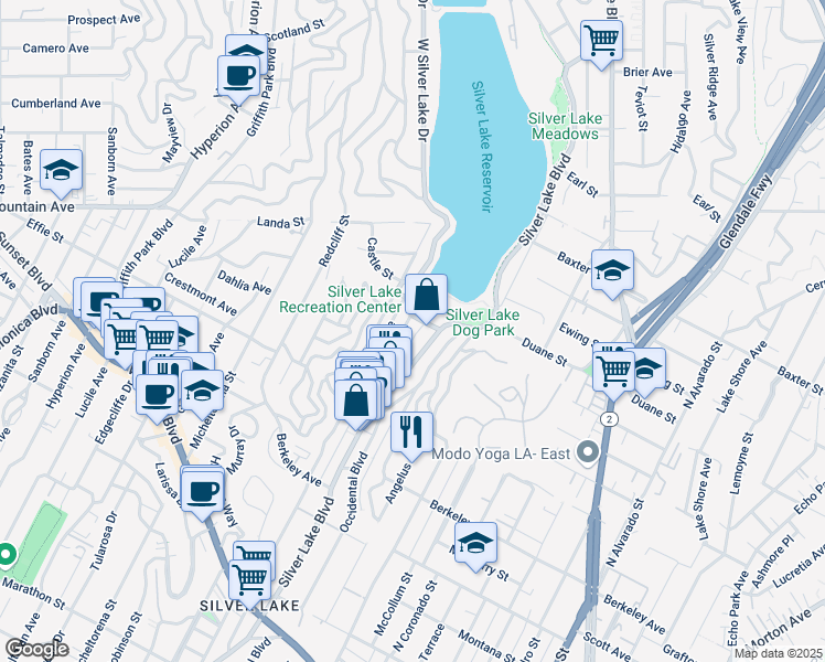 map of restaurants, bars, coffee shops, grocery stores, and more near 1842 Westerly Terrace in Los Angeles