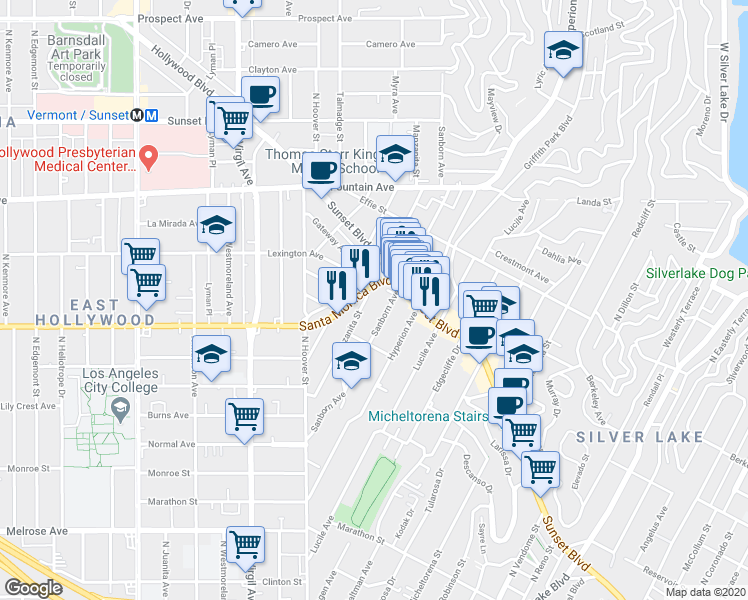map of restaurants, bars, coffee shops, grocery stores, and more near 1071 Manzanita Street in Los Angeles