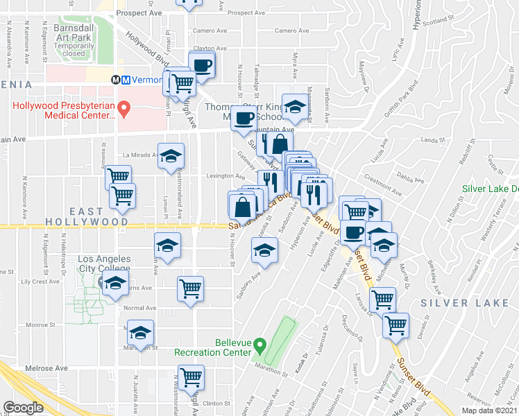 map of restaurants, bars, coffee shops, grocery stores, and more near 4121 Santa Monica Boulevard in Los Angeles