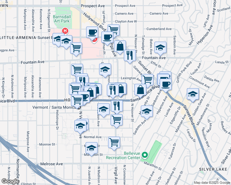 map of restaurants, bars, coffee shops, grocery stores, and more near 1139 North Virgil Avenue in Los Angeles