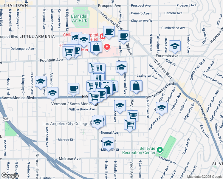 map of restaurants, bars, coffee shops, grocery stores, and more near 1145 North Madison Avenue in Los Angeles