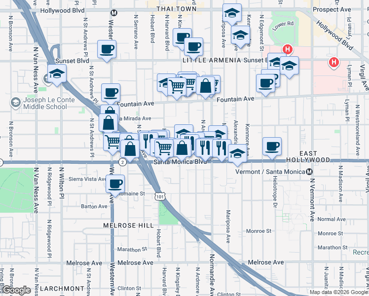 map of restaurants, bars, coffee shops, grocery stores, and more near 5229 Virginia Avenue in Los Angeles