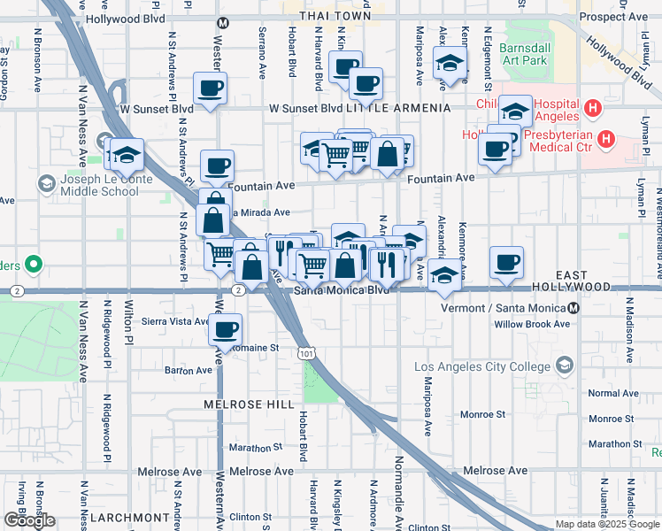map of restaurants, bars, coffee shops, grocery stores, and more near 5229 Virginia Avenue in Los Angeles