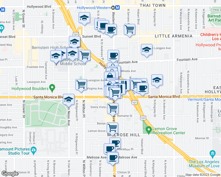 map of restaurants, bars, coffee shops, grocery stores, and more near 1151 Virginia Avenue in Los Angeles