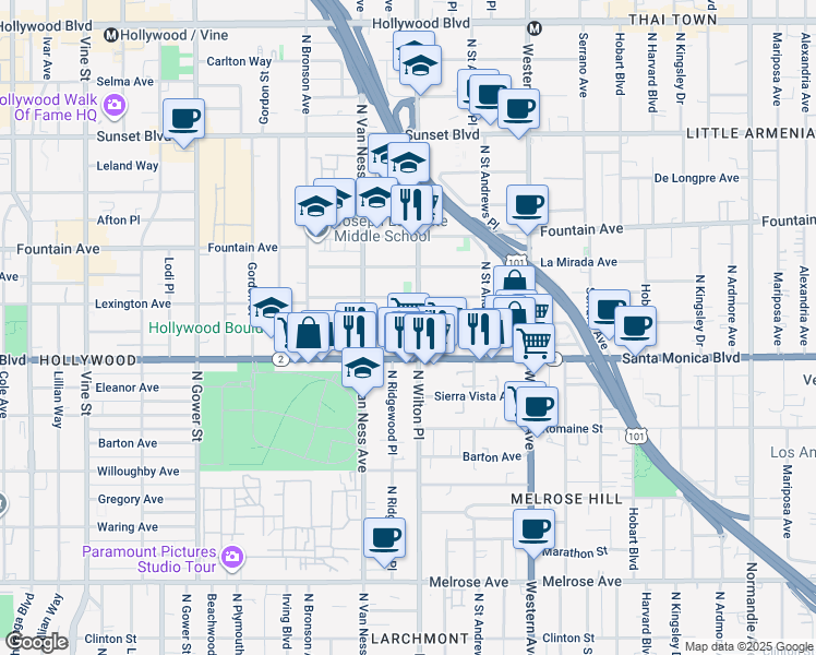 map of restaurants, bars, coffee shops, grocery stores, and more near 5707 Virginia Avenue in Los Angeles