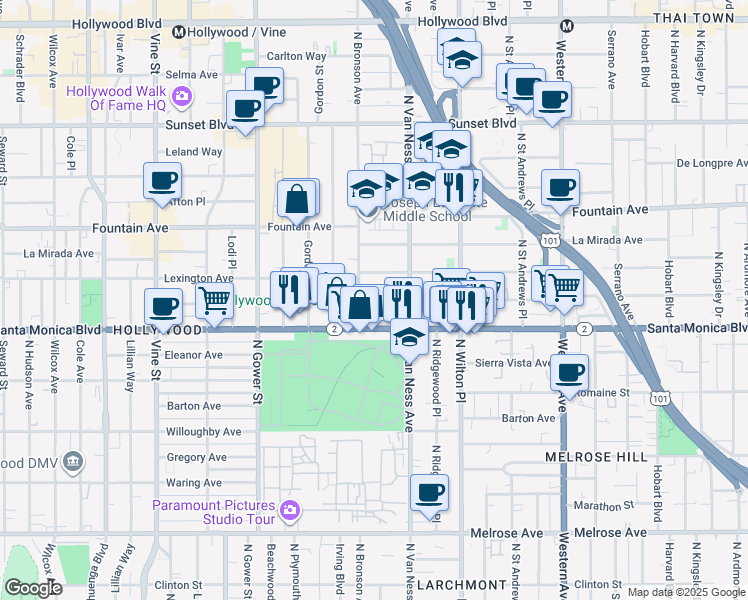 map of restaurants, bars, coffee shops, grocery stores, and more near 5831 Virginia Avenue in Los Angeles