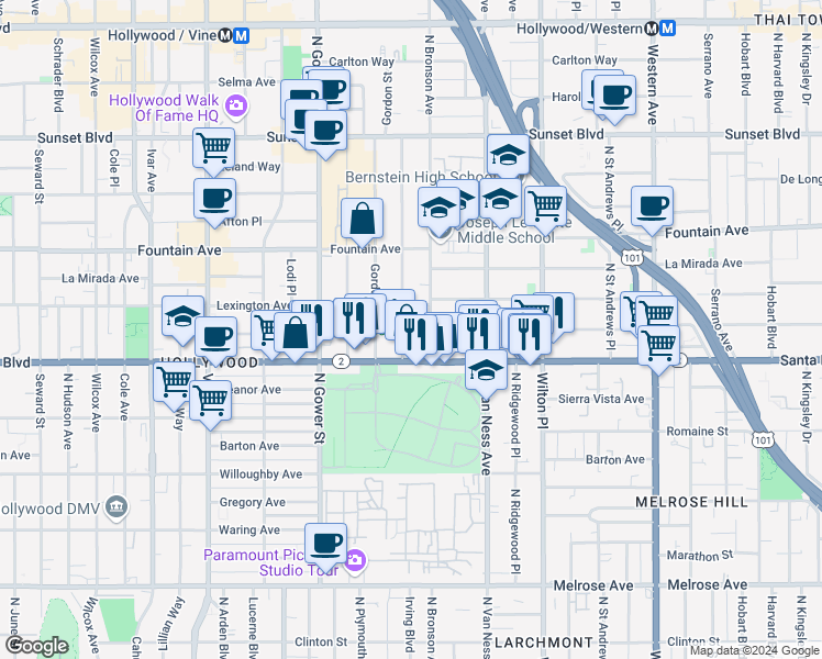 map of restaurants, bars, coffee shops, grocery stores, and more near 1143 North Bronson Avenue in Los Angeles