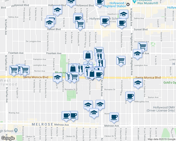 map of restaurants, bars, coffee shops, grocery stores, and more near 1142 North Poinsettia Place in West Hollywood