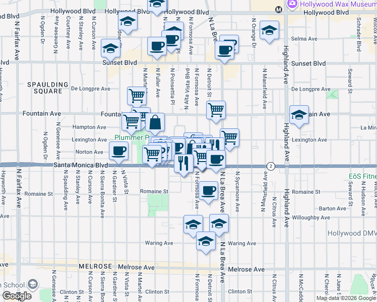 map of restaurants, bars, coffee shops, grocery stores, and more near 1142 North Poinsettia Place in West Hollywood