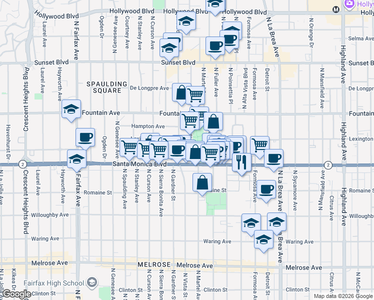 map of restaurants, bars, coffee shops, grocery stores, and more near 1140 North Vista Street in West Hollywood