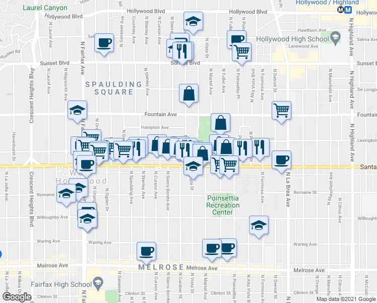 map of restaurants, bars, coffee shops, grocery stores, and more near 1147 North Gardner Street in Los Angeles