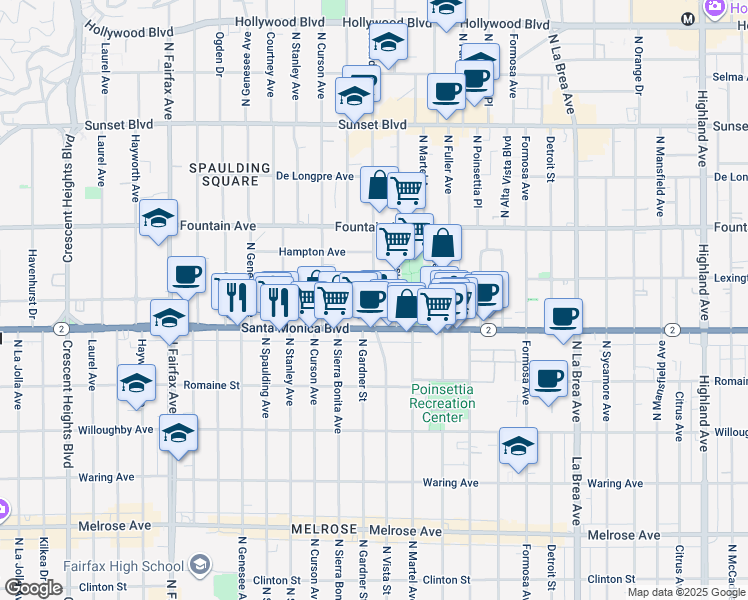 map of restaurants, bars, coffee shops, grocery stores, and more near 1147 North Gardner Street in Los Angeles