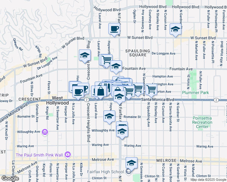 map of restaurants, bars, coffee shops, grocery stores, and more near 7911 Norton Avenue in West Hollywood