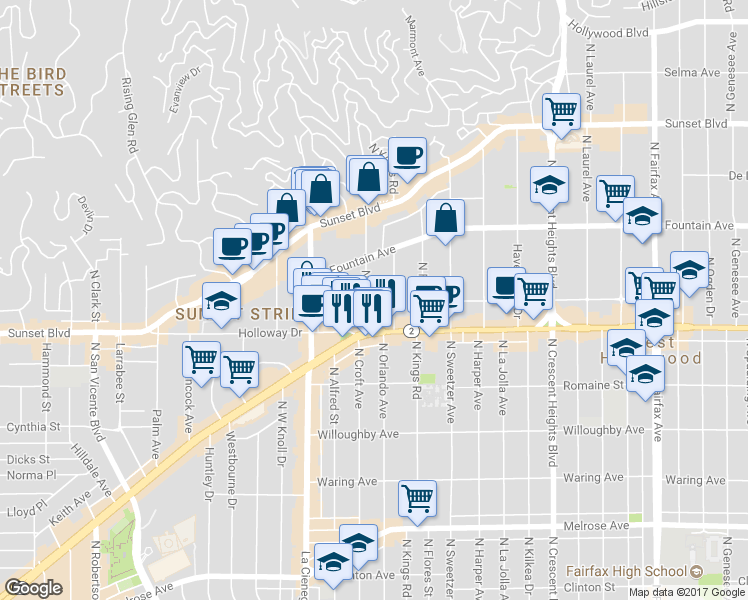 map of restaurants, bars, coffee shops, grocery stores, and more near 1206 North Olive Drive in West Hollywood
