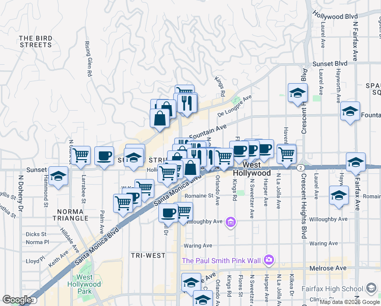 map of restaurants, bars, coffee shops, grocery stores, and more near 1147 Hacienda Place in West Hollywood