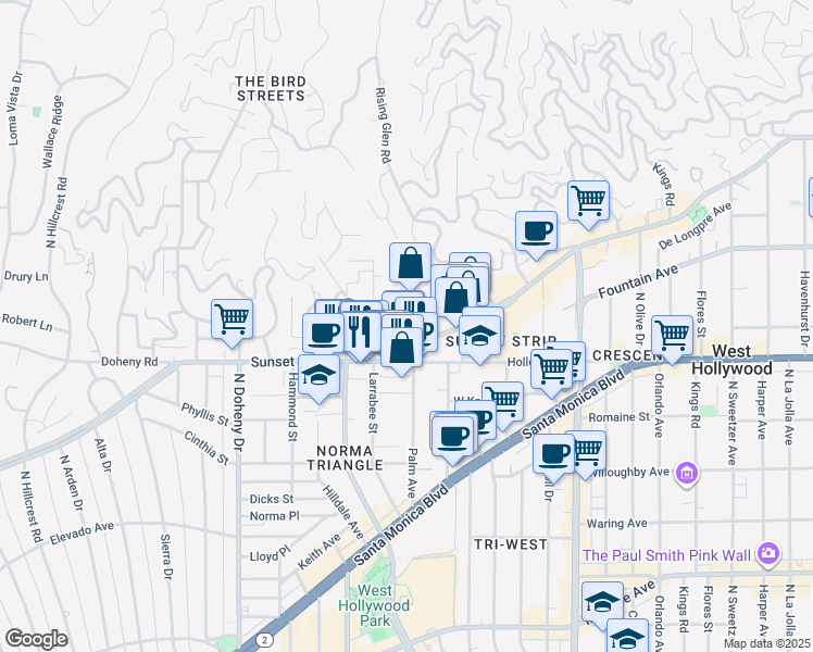 map of restaurants, bars, coffee shops, grocery stores, and more near 8780 Shoreham Drive in West Hollywood
