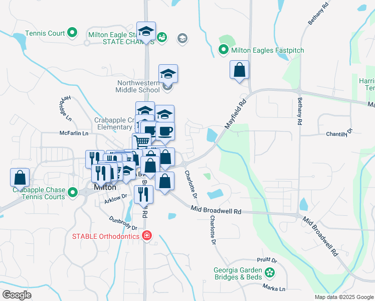 map of restaurants, bars, coffee shops, grocery stores, and more near 2004 Cortland Road in Alpharetta