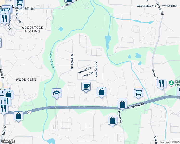map of restaurants, bars, coffee shops, grocery stores, and more near 710 Ivory Trail in Woodstock