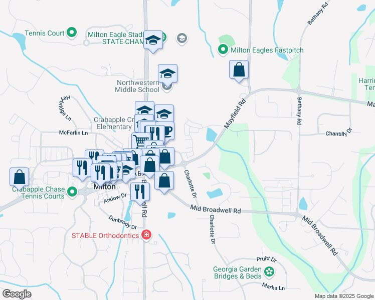 map of restaurants, bars, coffee shops, grocery stores, and more near 2004 Cortland Road in Alpharetta