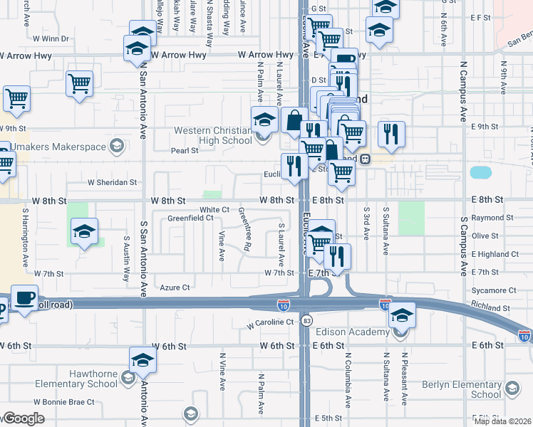 map of restaurants, bars, coffee shops, grocery stores, and more near 173 Elizabeth Lane in Upland