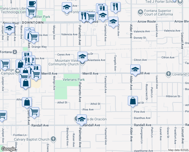 map of restaurants, bars, coffee shops, grocery stores, and more near 8920 Encina Avenue in Fontana