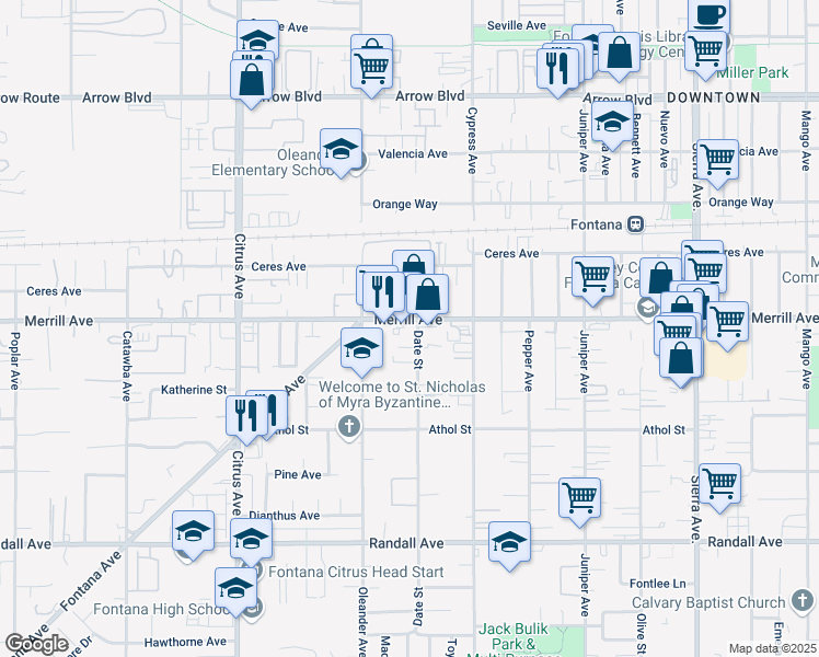 map of restaurants, bars, coffee shops, grocery stores, and more near 16385 Merrill Avenue in Fontana