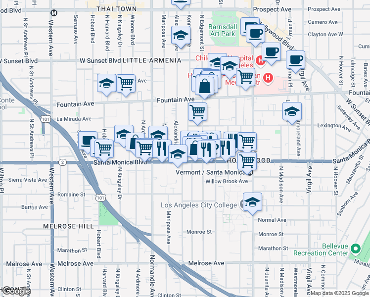 map of restaurants, bars, coffee shops, grocery stores, and more near 1131 North Kenmore Avenue in Los Angeles