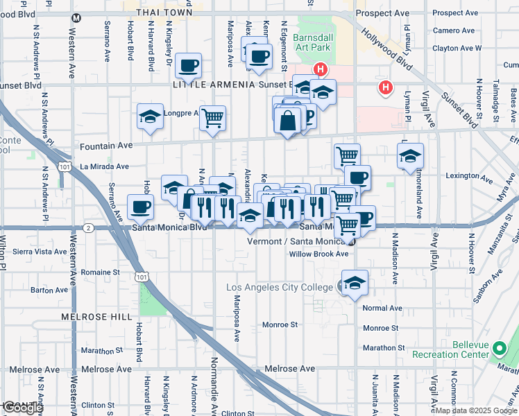 map of restaurants, bars, coffee shops, grocery stores, and more near 1131 North Kenmore Avenue in Los Angeles