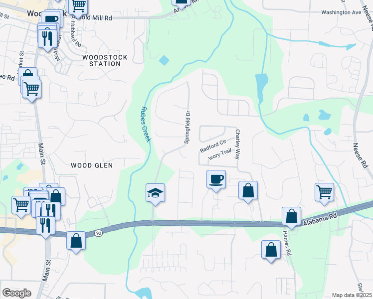 map of restaurants, bars, coffee shops, grocery stores, and more near 442 Springfield Drive in Woodstock