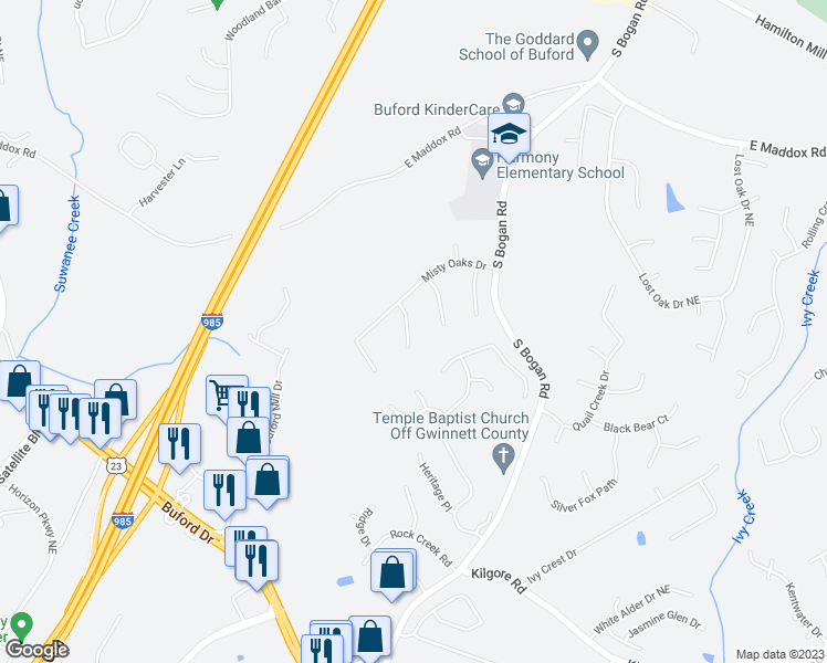 map of restaurants, bars, coffee shops, grocery stores, and more near 3863 Morning Meadow Lane Northeast in Buford