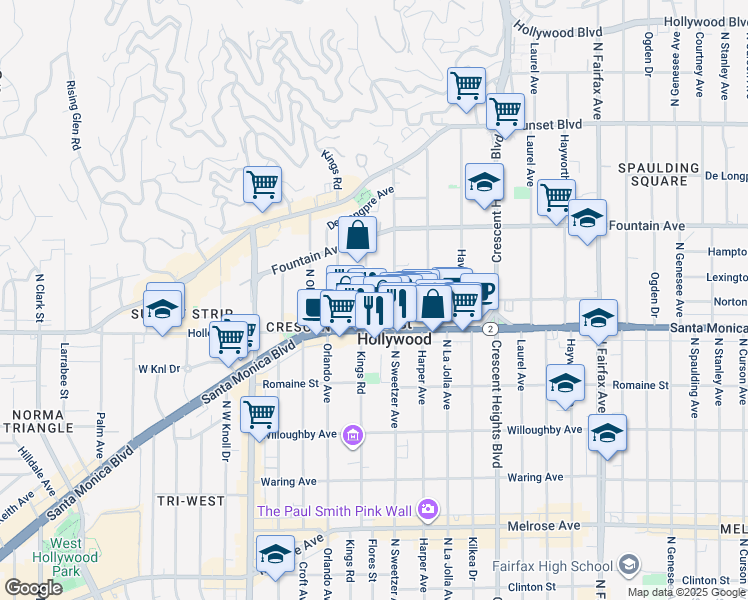 map of restaurants, bars, coffee shops, grocery stores, and more near 1200 Flores Street in West Hollywood