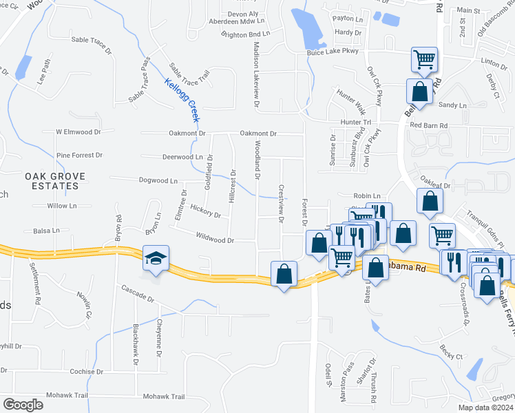 map of restaurants, bars, coffee shops, grocery stores, and more near Woodland Drive in Acworth