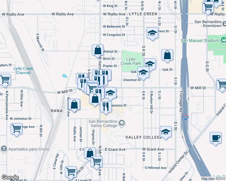 map of restaurants, bars, coffee shops, grocery stores, and more near 1251 West Mill Street in San Bernardino