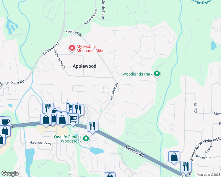 map of restaurants, bars, coffee shops, grocery stores, and more near 122 Cornerstone Circle in Woodstock