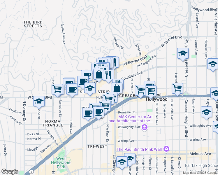 map of restaurants, bars, coffee shops, grocery stores, and more near 1140 Alta Loma Road in West Hollywood