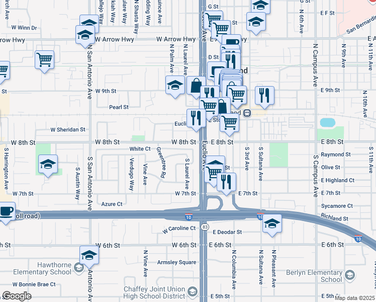 map of restaurants, bars, coffee shops, grocery stores, and more near 79 Elizabeth Lane in Upland