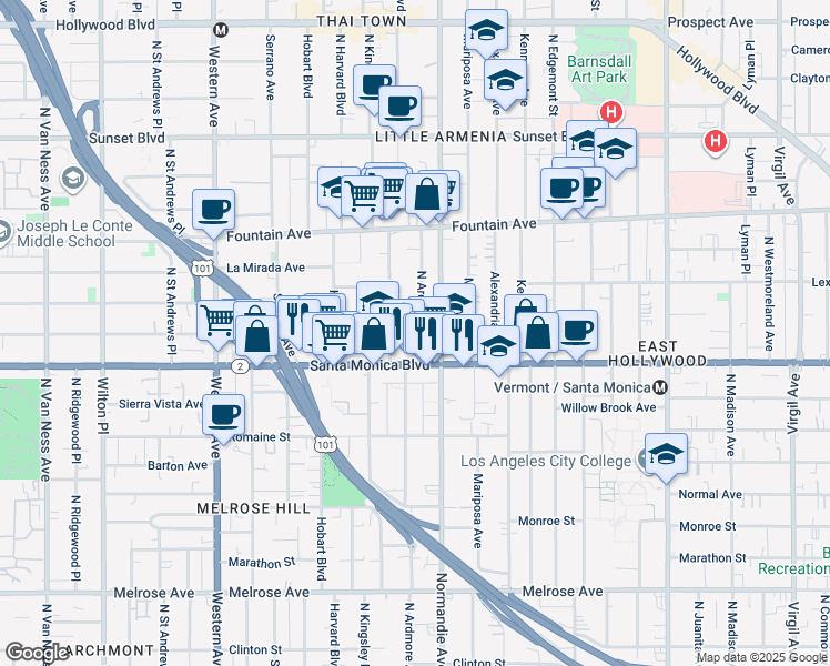 map of restaurants, bars, coffee shops, grocery stores, and more near 1133 North Ardmore Avenue in Los Angeles
